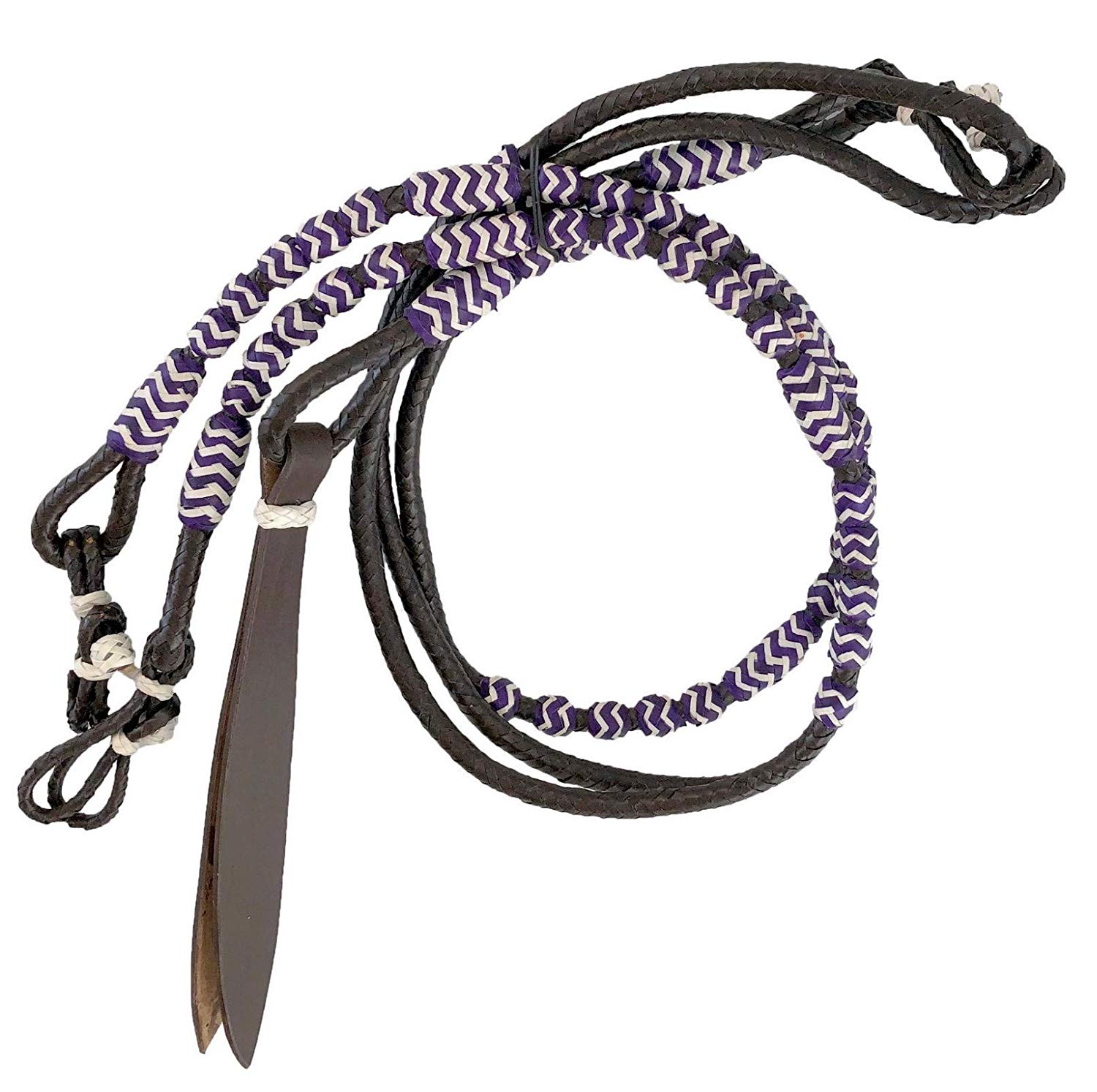 Equitem Braided Mahogany Red Rawhide Romal Reins with Leather Popper and Natural Rawhide Accents