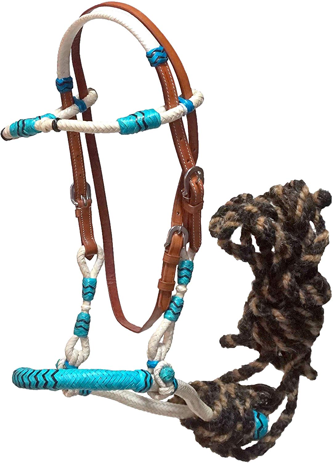 Equitem Full Horse Size Leather Headstall with Teal Rawhide Wrap Accent 