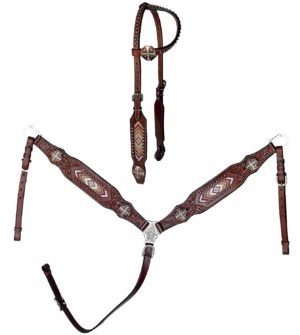new Western Havana Leather Set of Headstall/ Breast Collar with Printed Overlay